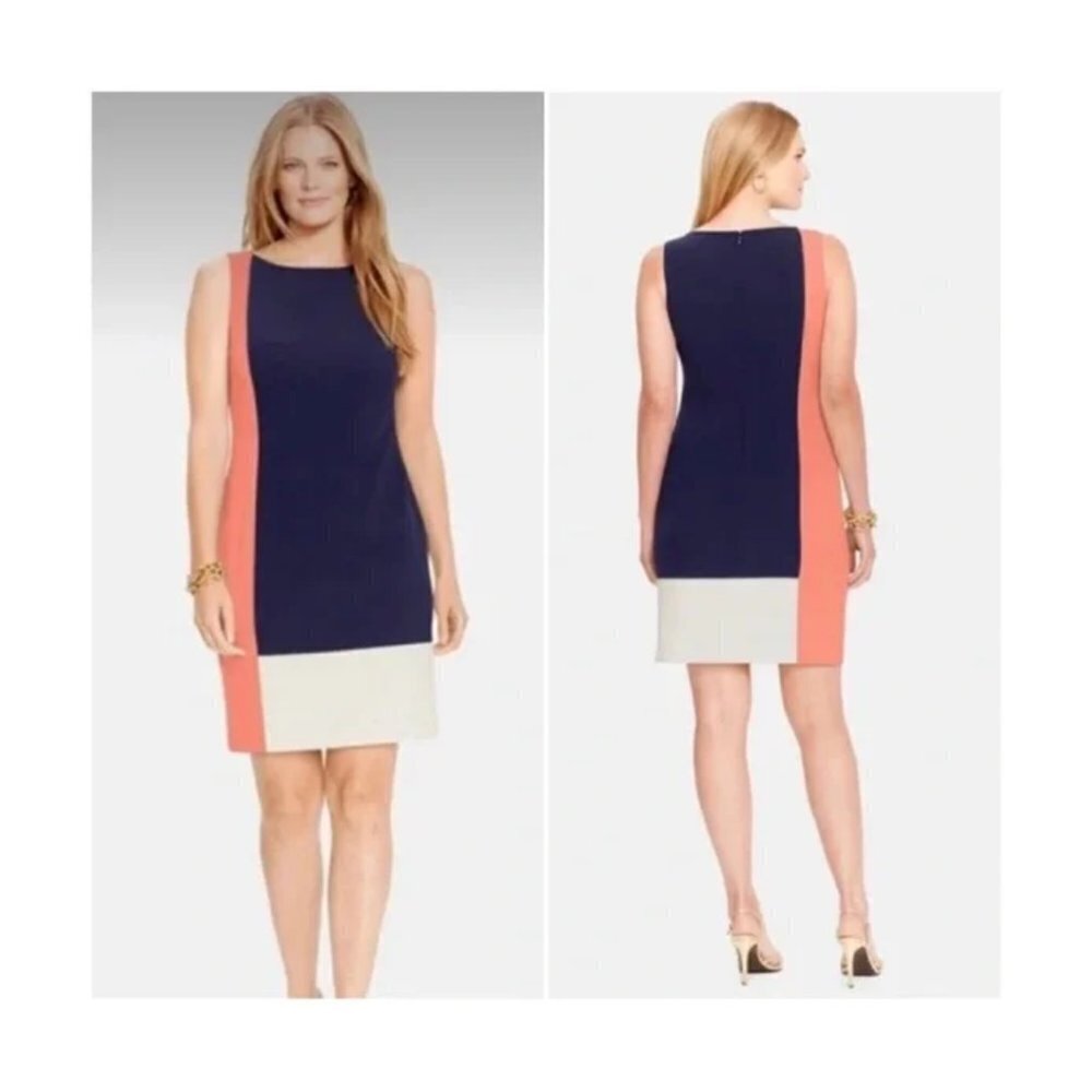 LAUREN Ralph Lauren Women's Colorblock Navy Sleeveless Sheath Dress Size 4 - Picture 2 of 10